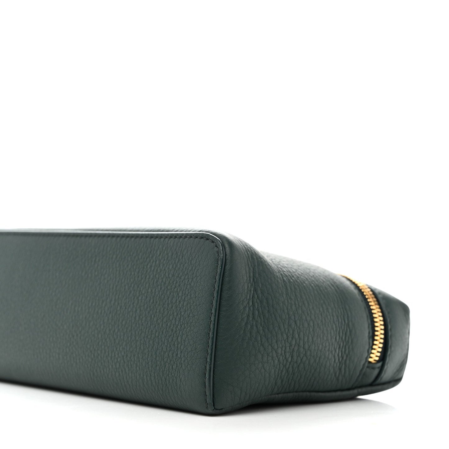 Dark green grained leather pouch with rounded base seam and zipper trim.