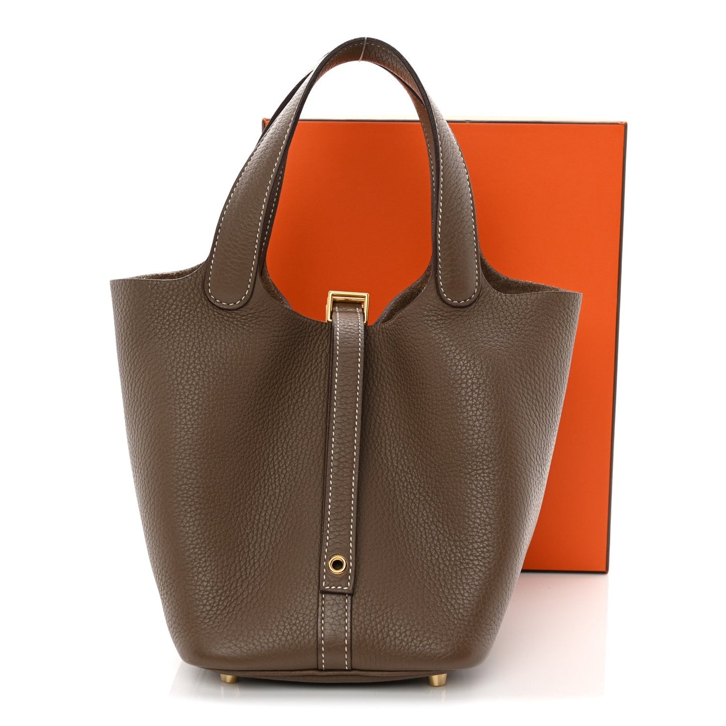 Calfskin Leather Picotin Lock 18 PM Etoupe Bucket Bag