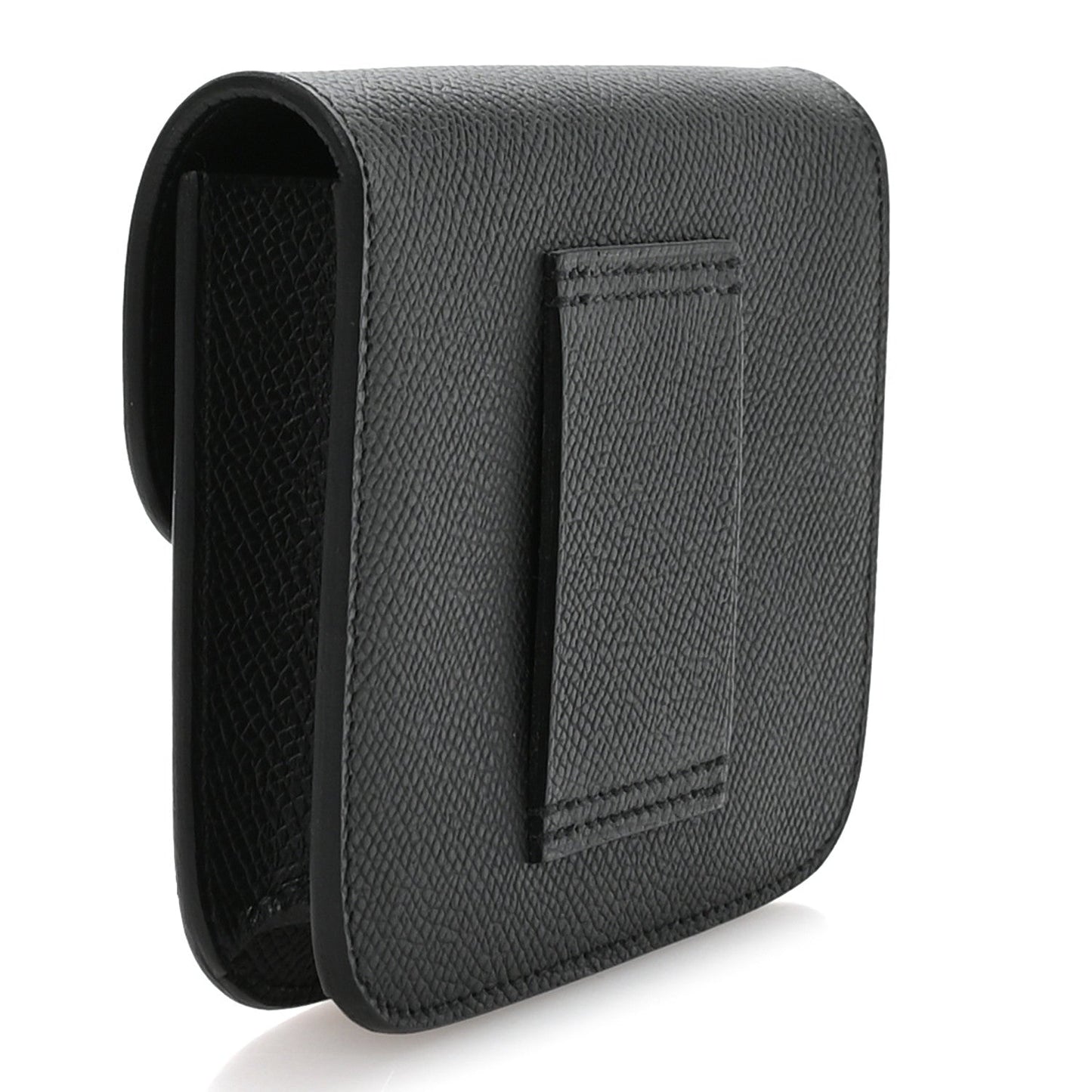 Hermes Constance slim wallet in black with embossed texture and front flap, side view