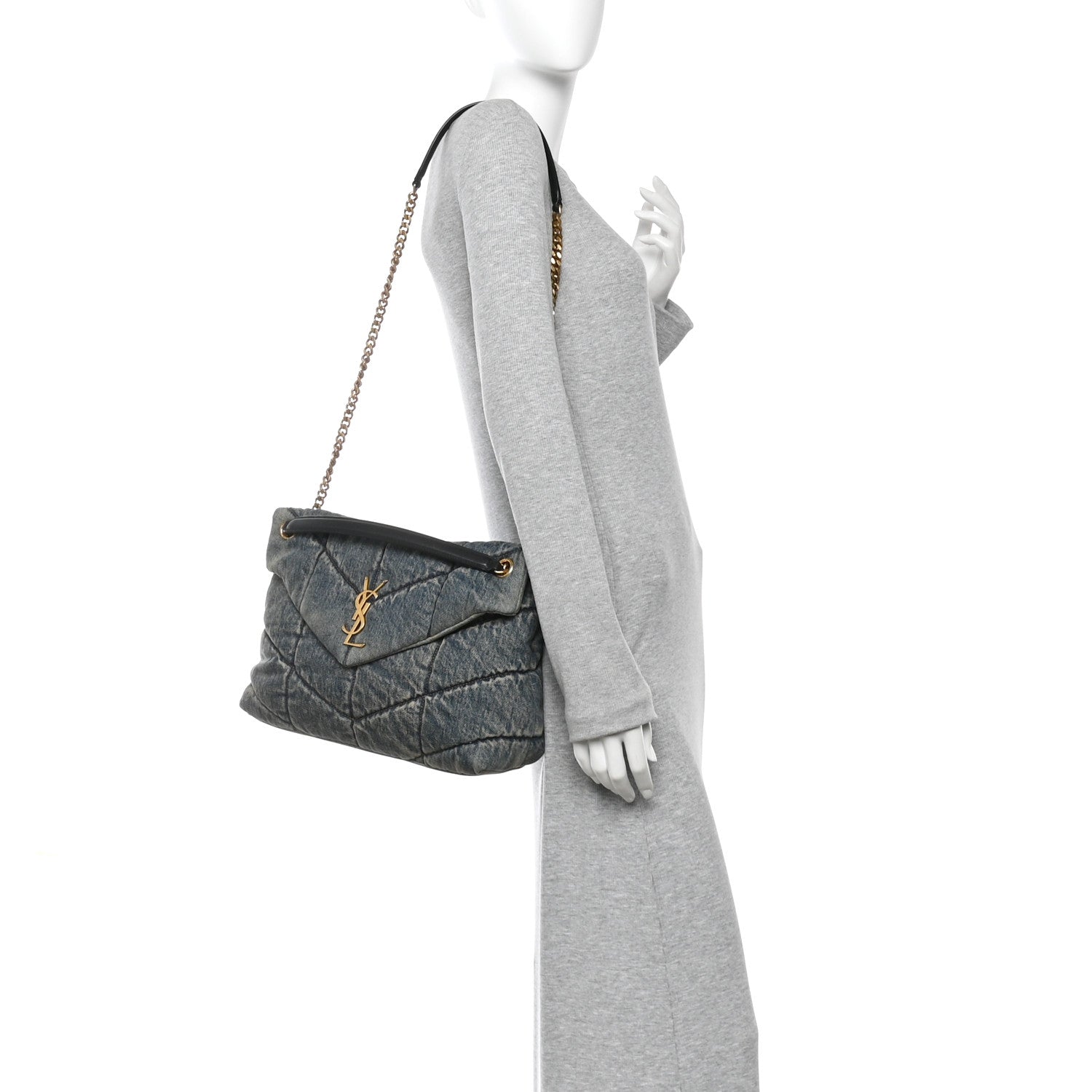 Saint Laurent Denim Quilted Medium Loulou Puffer Monogram Chain Satchel Blue Cinnamon