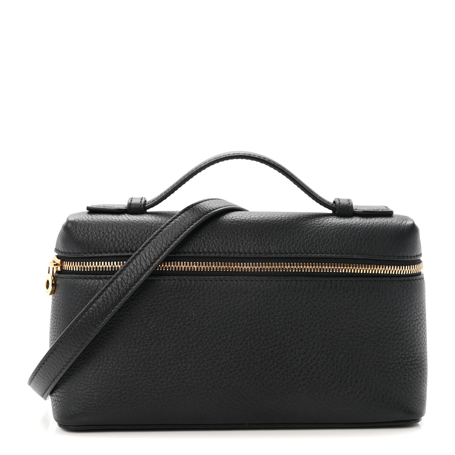 Loro Piana grained calfskin pouch in black with top handles and zip closure