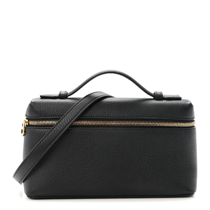 Loro Piana grained calfskin pouch in black with top handles and zip closure