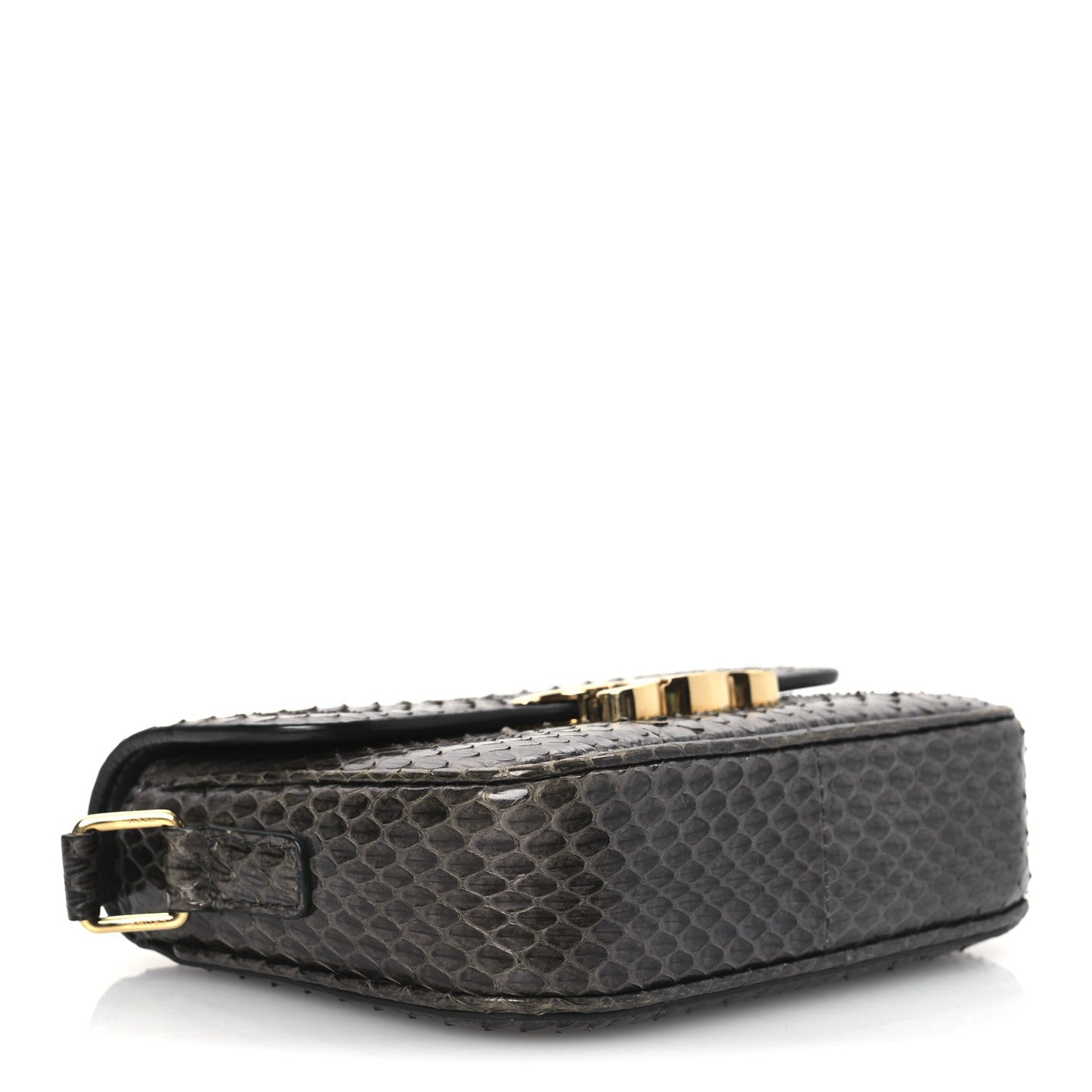 Grey snakeskin mini shoulder bag with gold-tone clasp and back strap loop