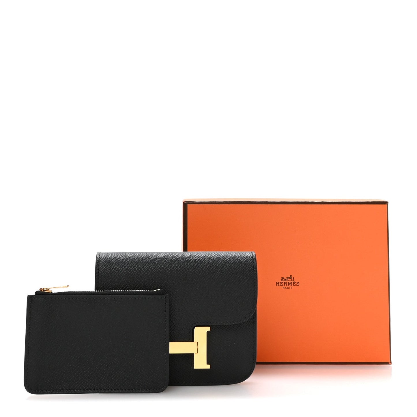 Hermes Constance slim wallet in black with gold H clasp and black card holder