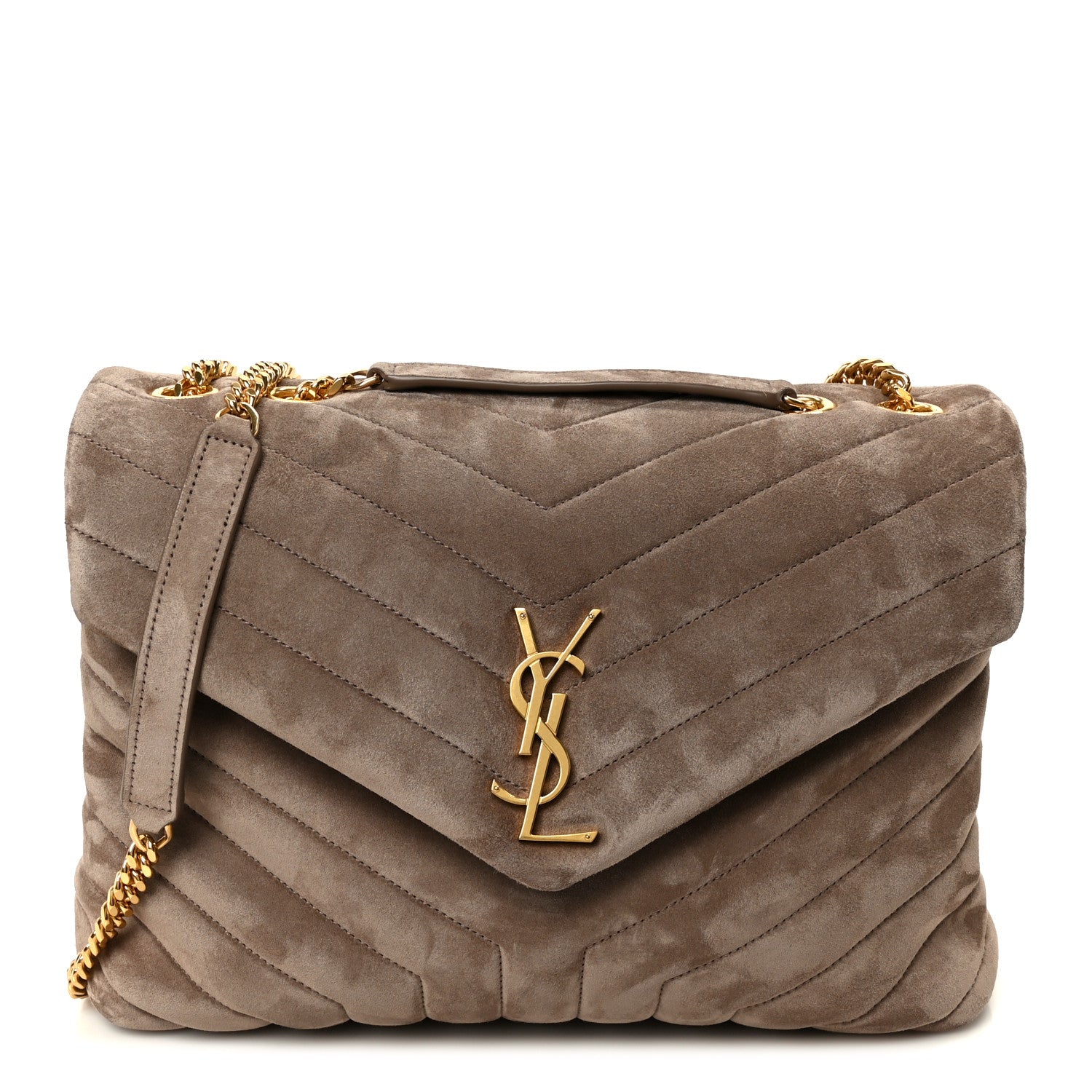SAINT LAURENT Suede Y Quilted Monogram Medium Loulou Chain Satchel Taupe