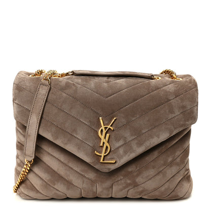 SAINT LAURENT Suede Y Quilted Monogram Medium Loulou Chain Satchel Taupe