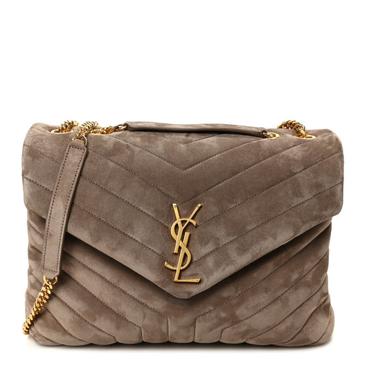 SAINT LAURENT Suede Y Quilted Monogram Medium Loulou Chain Satchel Taupe