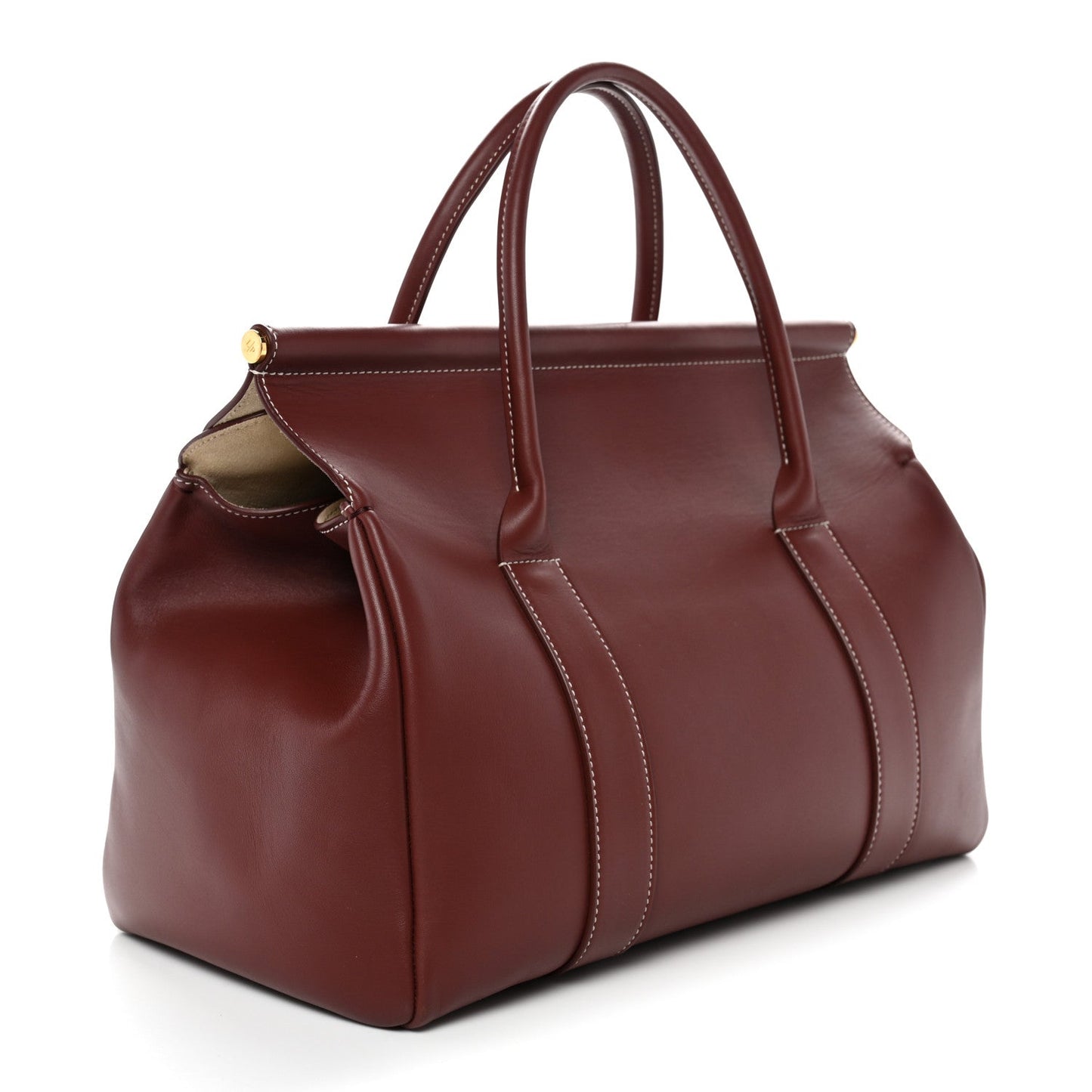 Calfskin loom bag with front pocket, top handles, and stitched details, dark brown