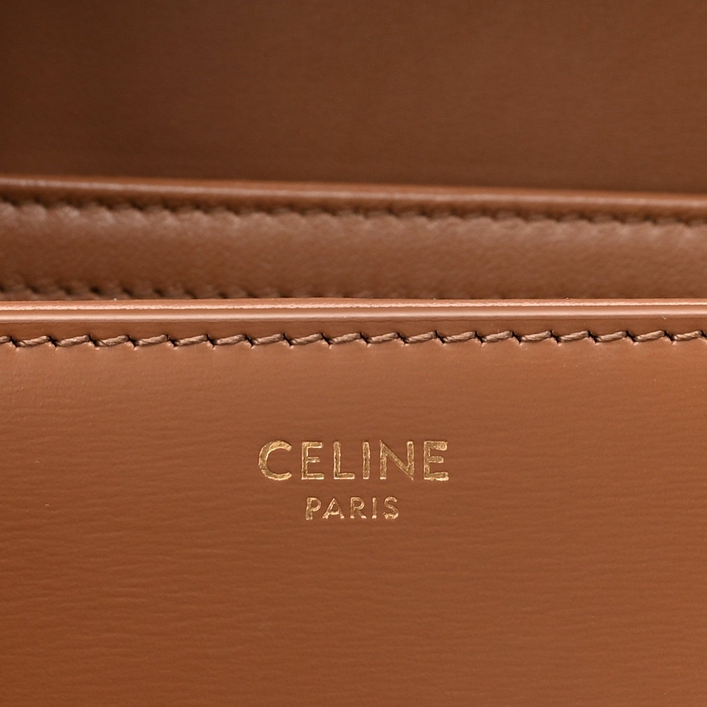 Calfskin bag panel with “CELINE PARIS” stamp and contrast topstitching