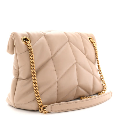 Saint Laurent Lambskin Quilted Small Loulou Puffer Monogram Chain Satchel Dark Beige