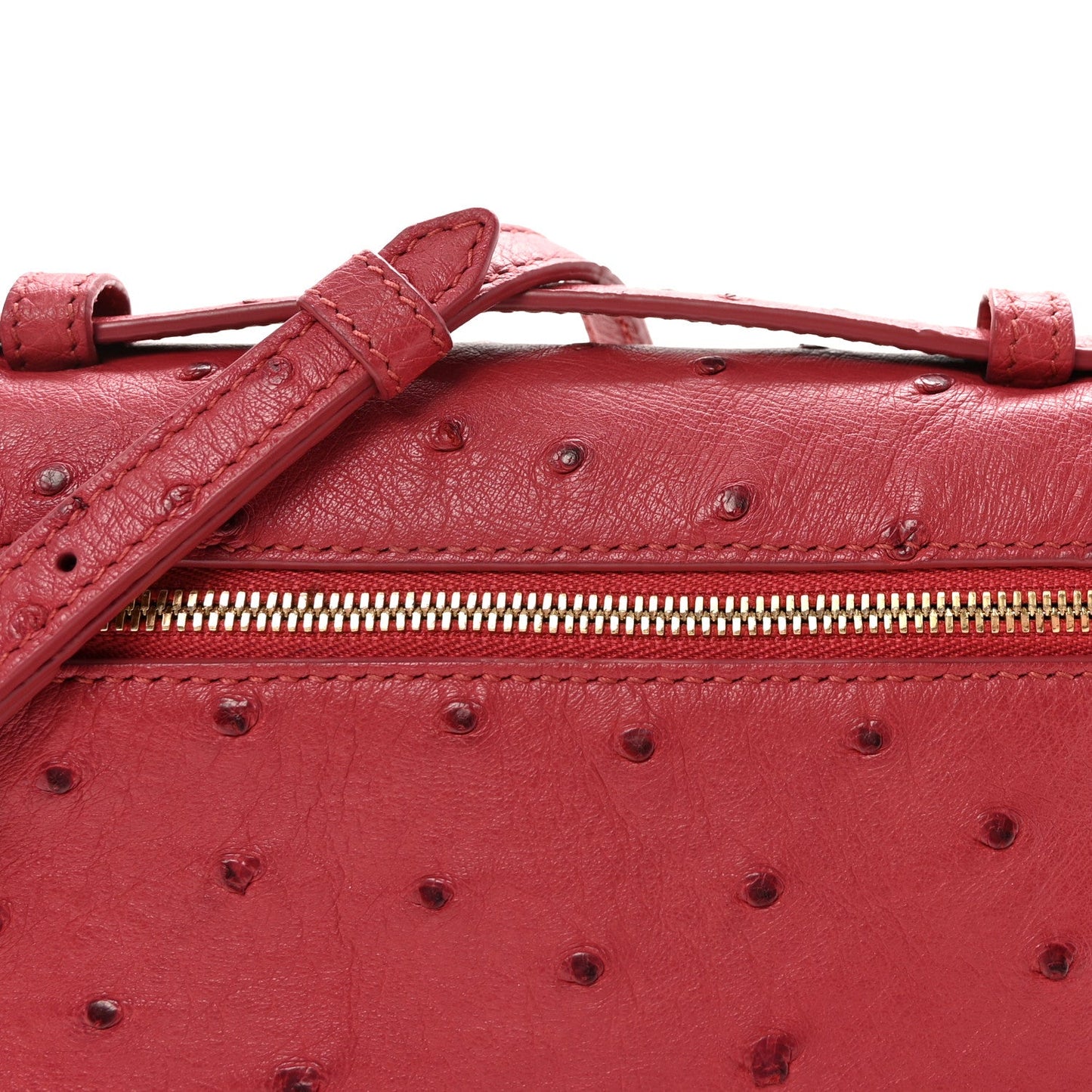 Loro Piana ostrich pouch fuchsia, strap detail over top zip with gold teeth