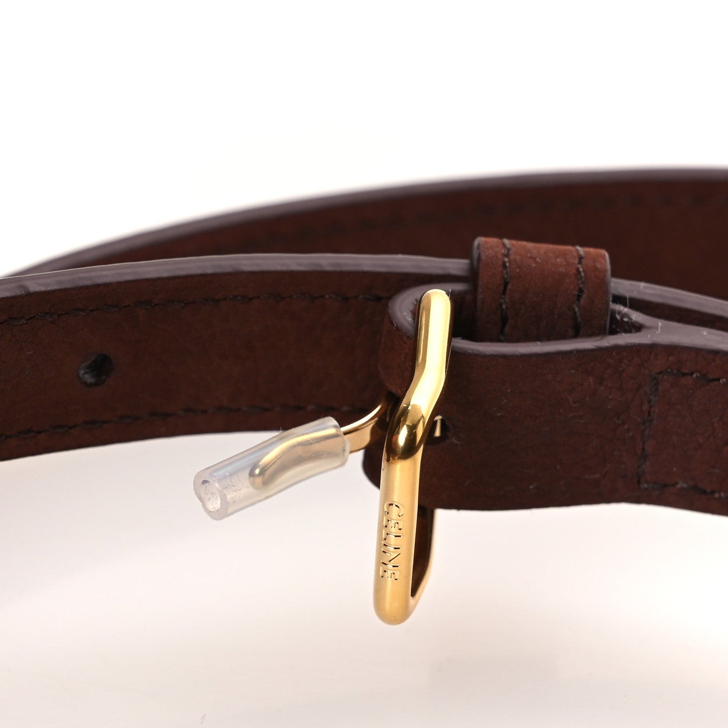Chestnut leather bag shoulder strap adjuster with gold tone clasp