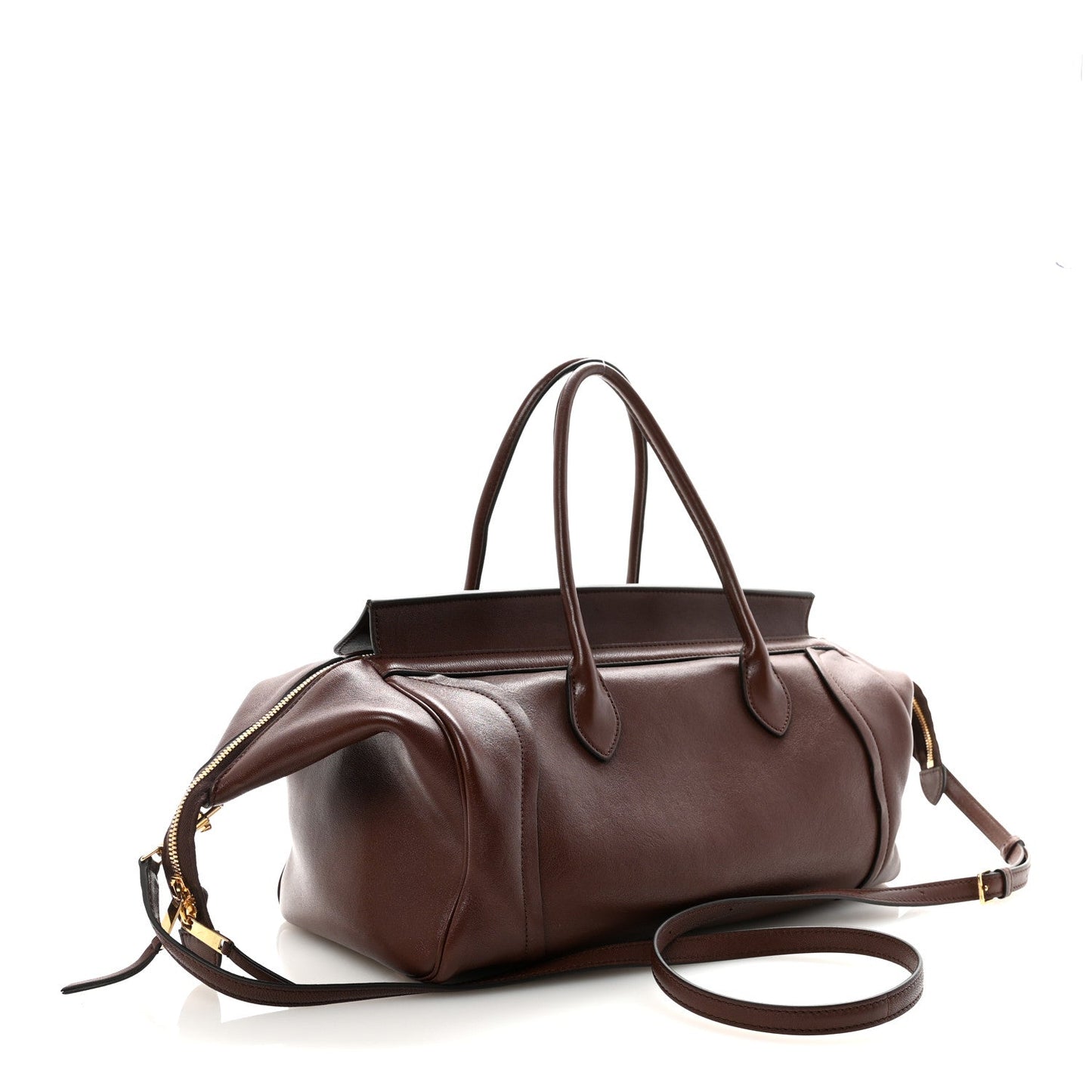 Dark brown lambskin medium handbag with two handles and detachable crossbody strap
