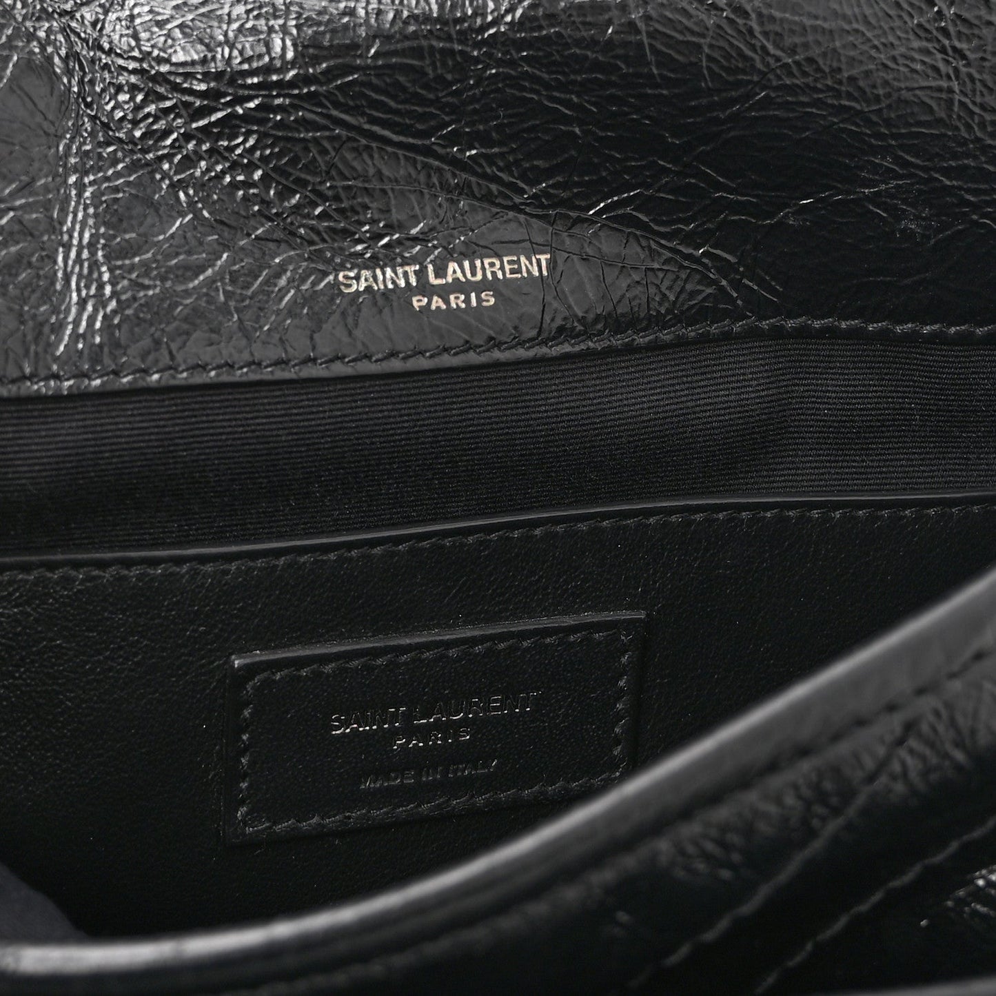 Saint Laurent Crinkled Calfskin Matelasse Monogram Baby Niki Chain Satchel Black