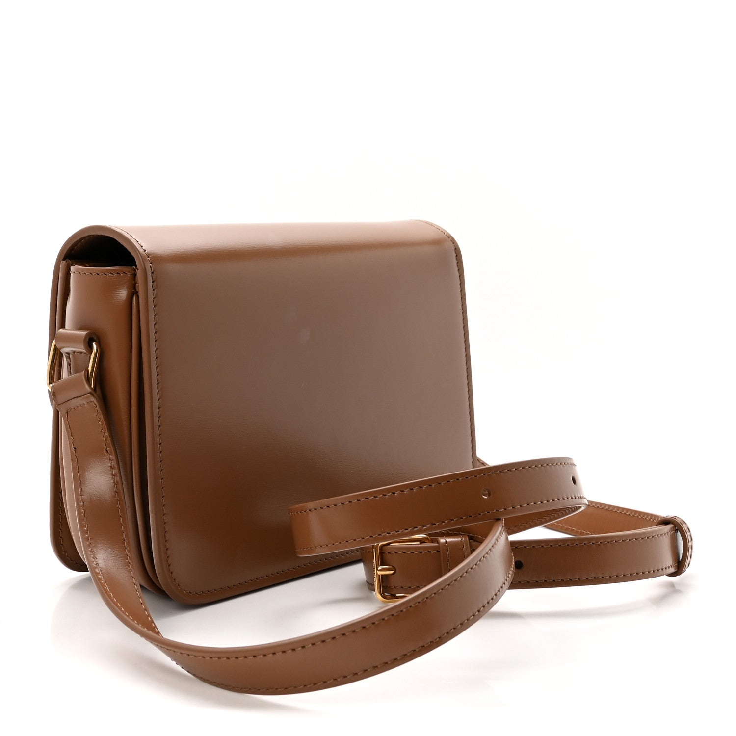 Bronze shiny calfskin flap crossbody bag with short strap and gold clasp