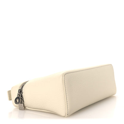 Whisper white grained calfskin pouch end view with zipper corner hardware