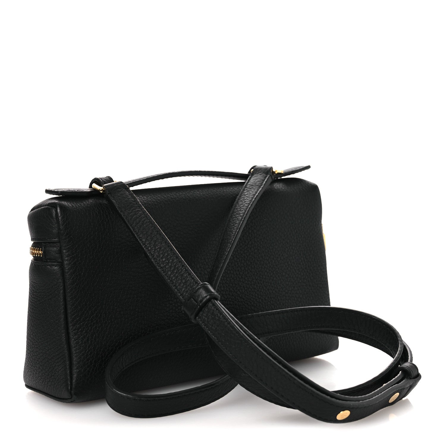 Black grained leather pouch with adjustable crossbody strap and gold-tone zipper