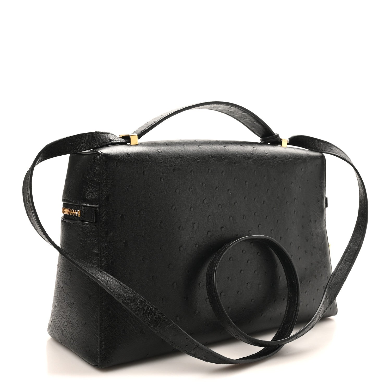 Black ostrich leather satchel with front zipper, wide strap, and gold-tone accents.