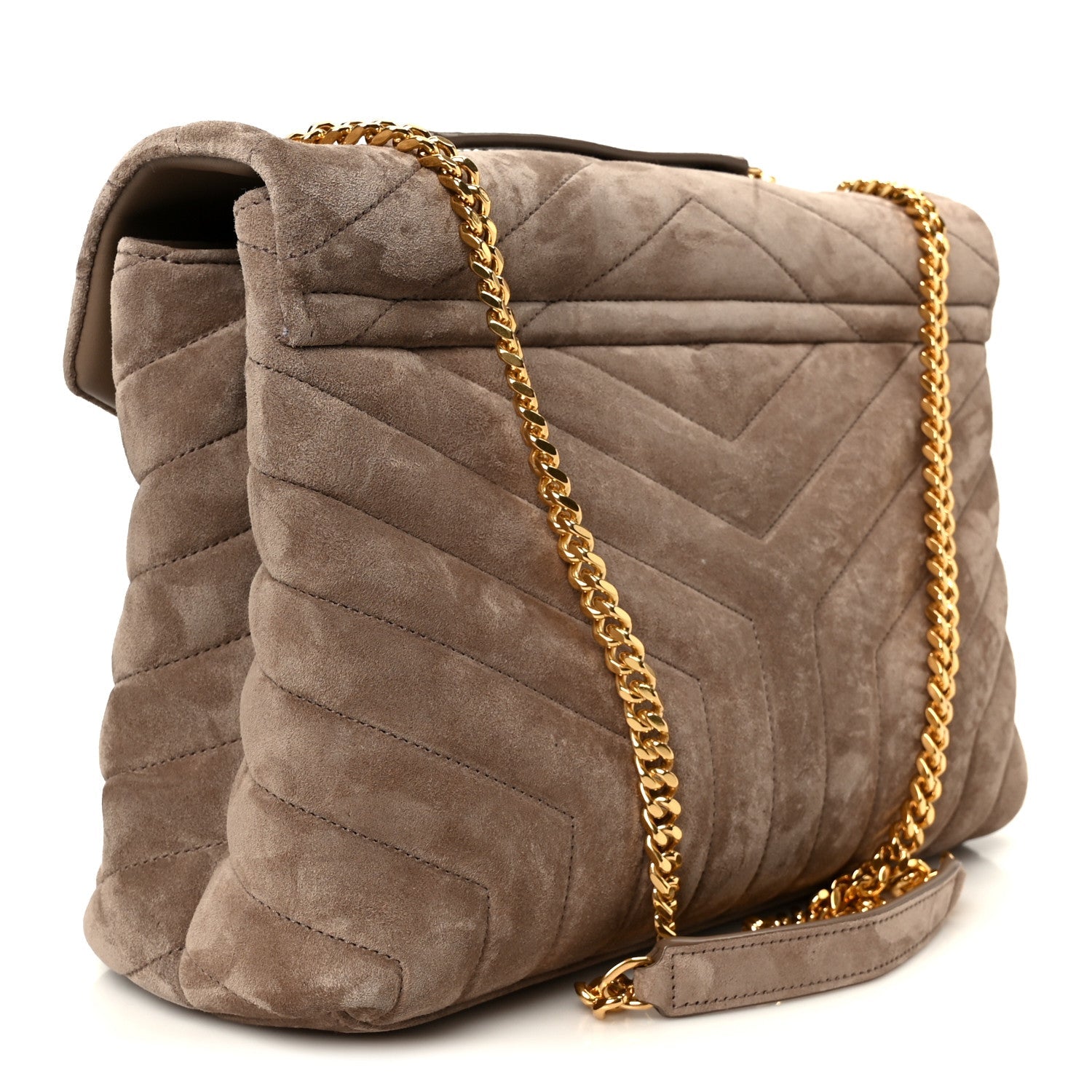 SAINT LAURENT Suede Y Quilted Monogram Medium Loulou Chain Satchel Taupe