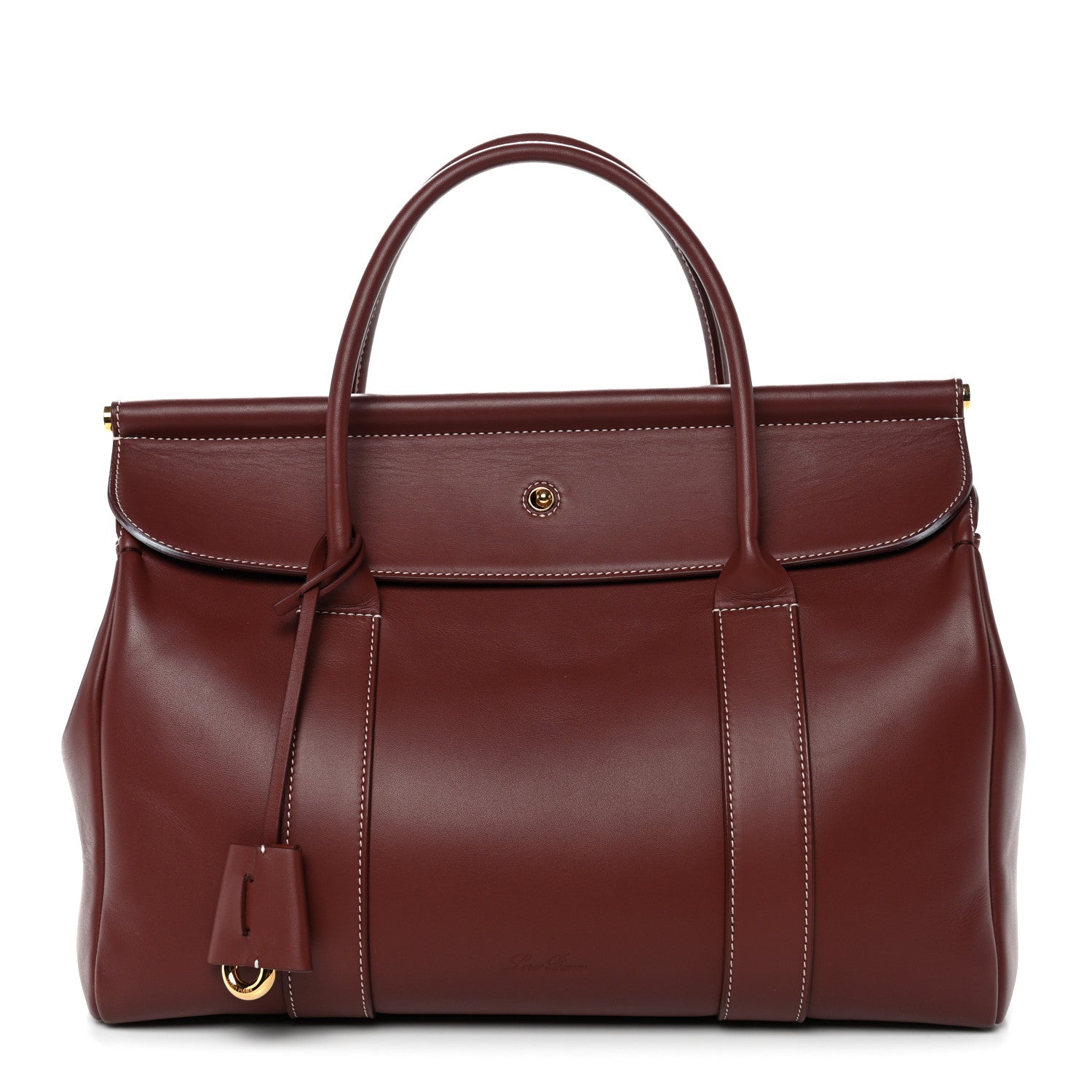 Loro Piana calfskin loom bag in dark brown with top handles and front snap flap