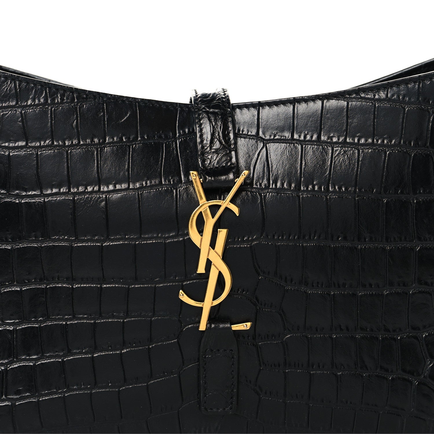 SAINT LAURENT Calfskin Crocodile Embossed Le 5 A 7 Hobo Shoulder Bag Black