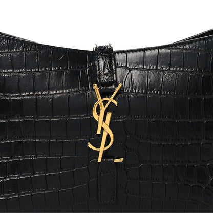 SAINT LAURENT Calfskin Crocodile Embossed Le 5 A 7 Hobo Shoulder Bag Black
