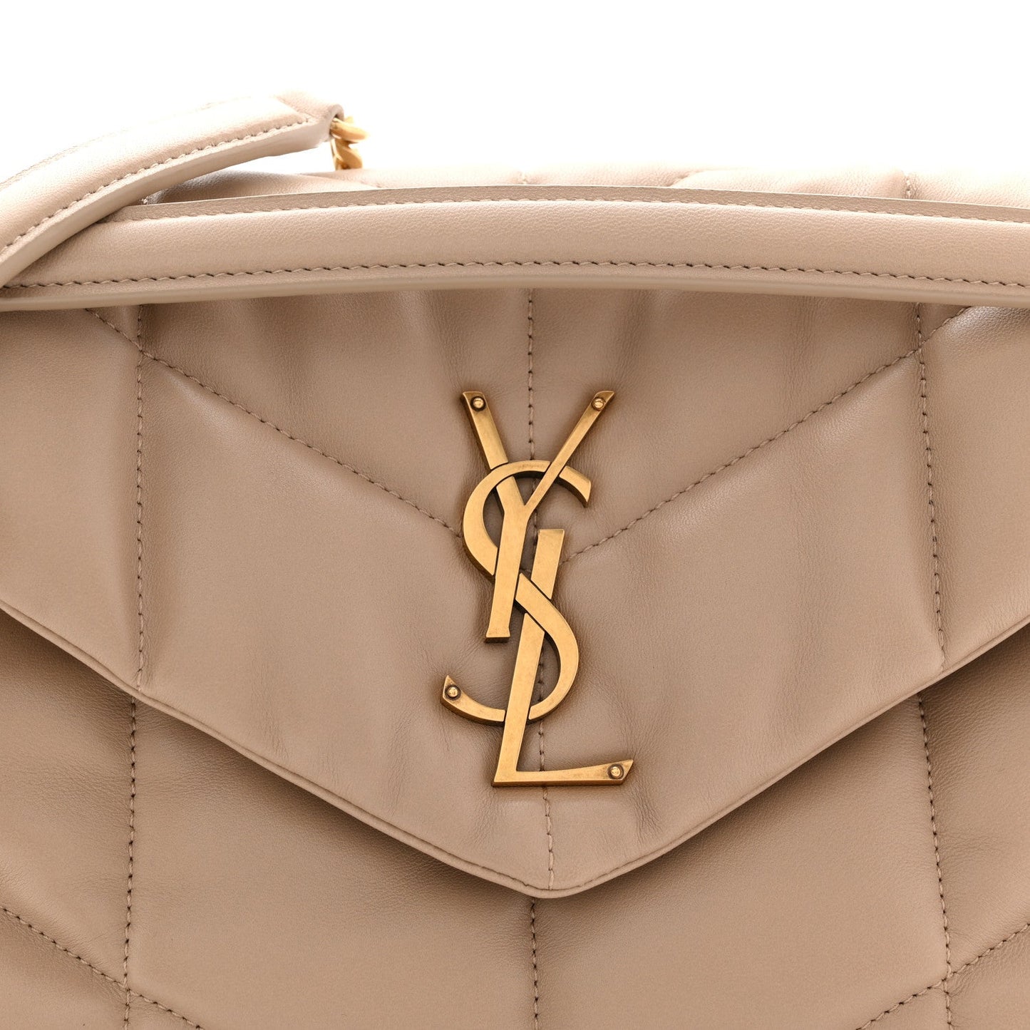 Saint Laurent Lambskin Quilted Small Loulou Puffer Monogram Chain Satchel Dark Beige