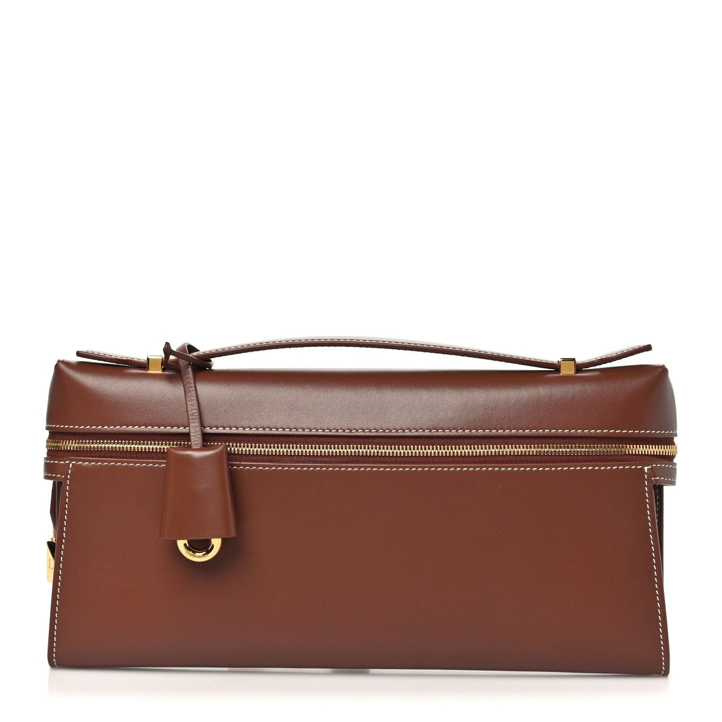 Loro Piana smooth calfskin clutch in burnt tan with top handle and gold clasp