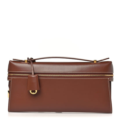 Loro Piana smooth calfskin clutch in burnt tan with top handle and gold clasp