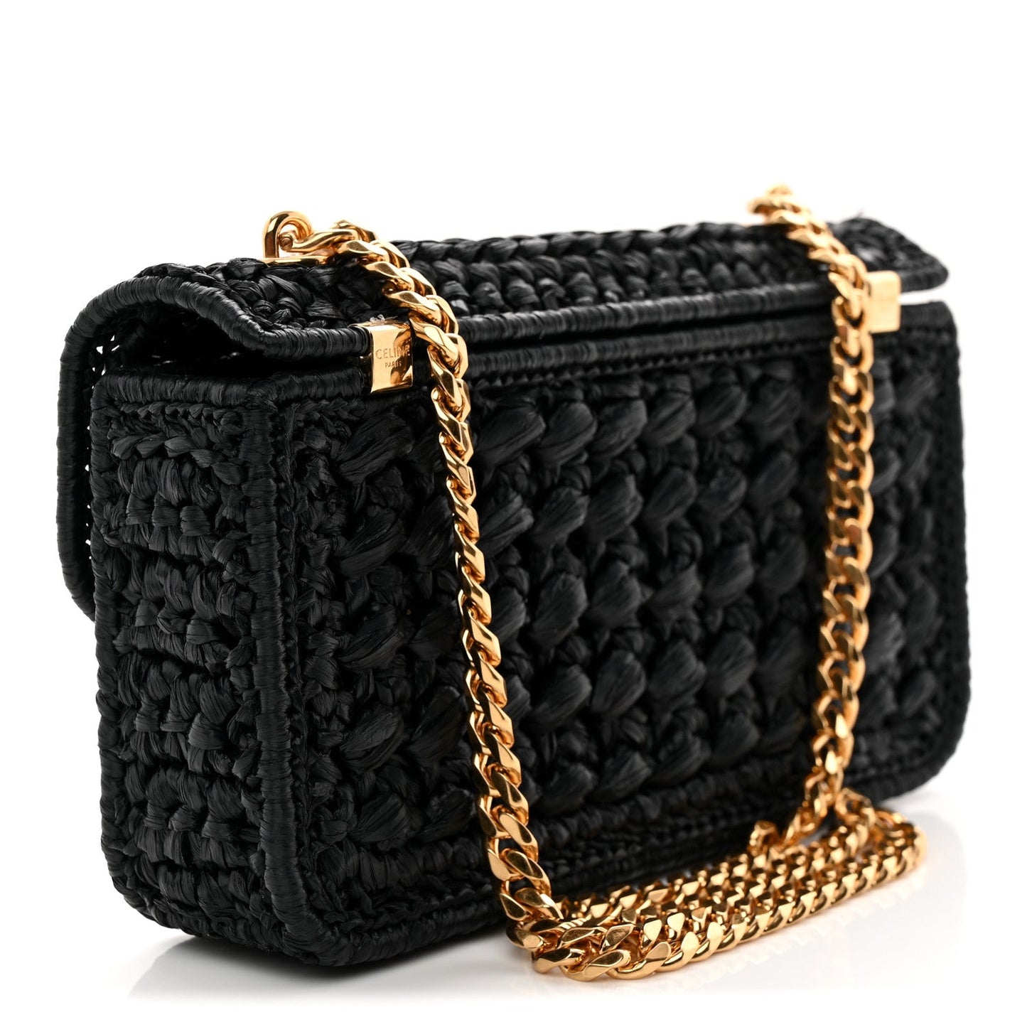 Black textured shoulder bag with gold chain strap and CC logo front clasp