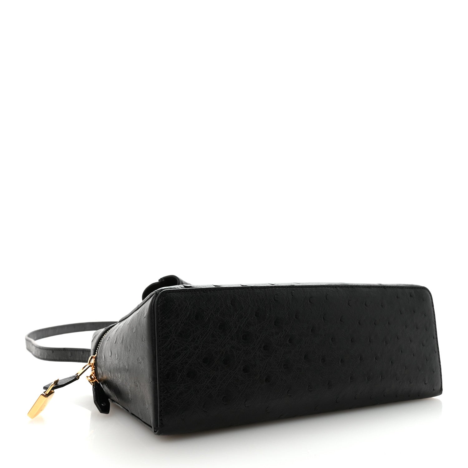 Black ostrich leather mini handbag with top handle, side zipper detail, and crossbody strap