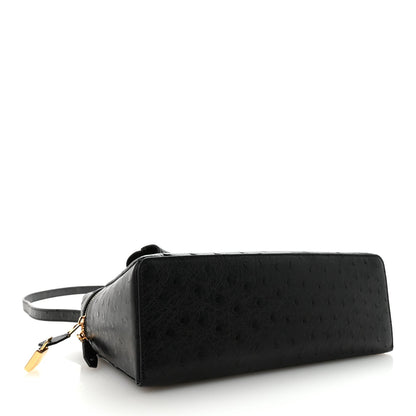 Black ostrich leather mini handbag with top handle, side zipper detail, and crossbody strap