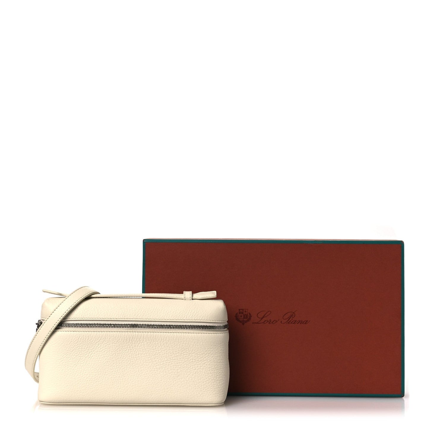 White grained calfskin pouch with zip and strap, shown with brand box