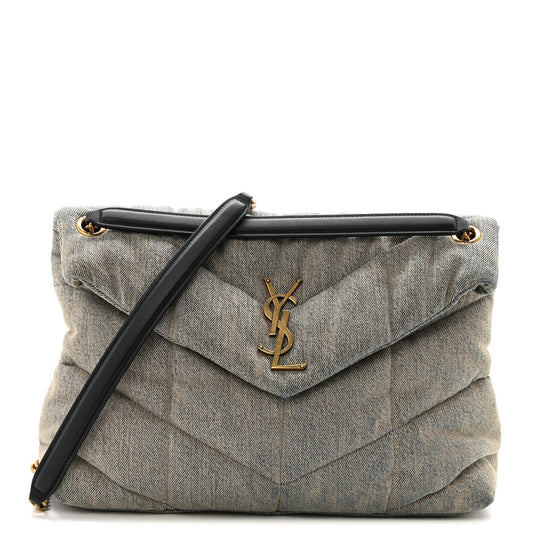 Saint Laurent Denim Quilted Medium Loulou Puffer Monogram Chain Satchel in Rodeo Blue