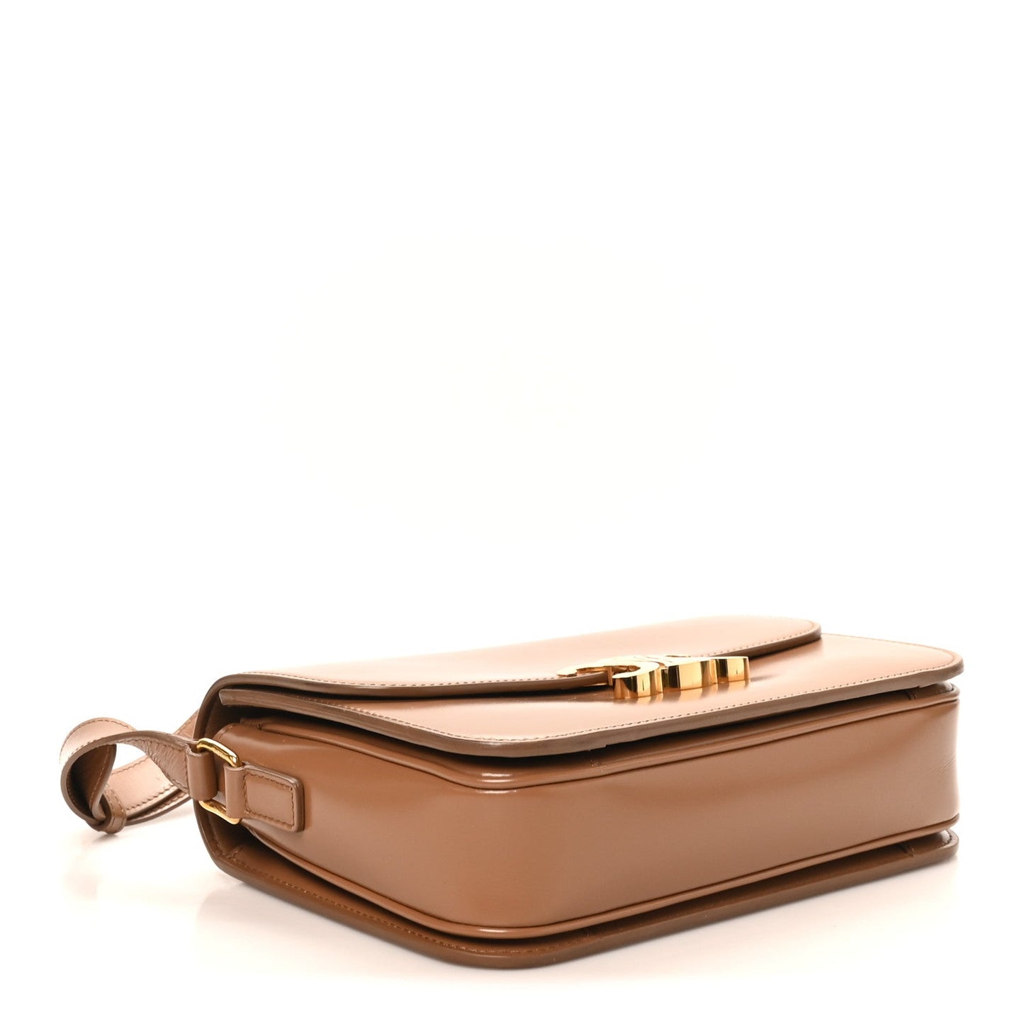 Bronze shiny calfskin shoulder bag, side profile with gold-tone hardware