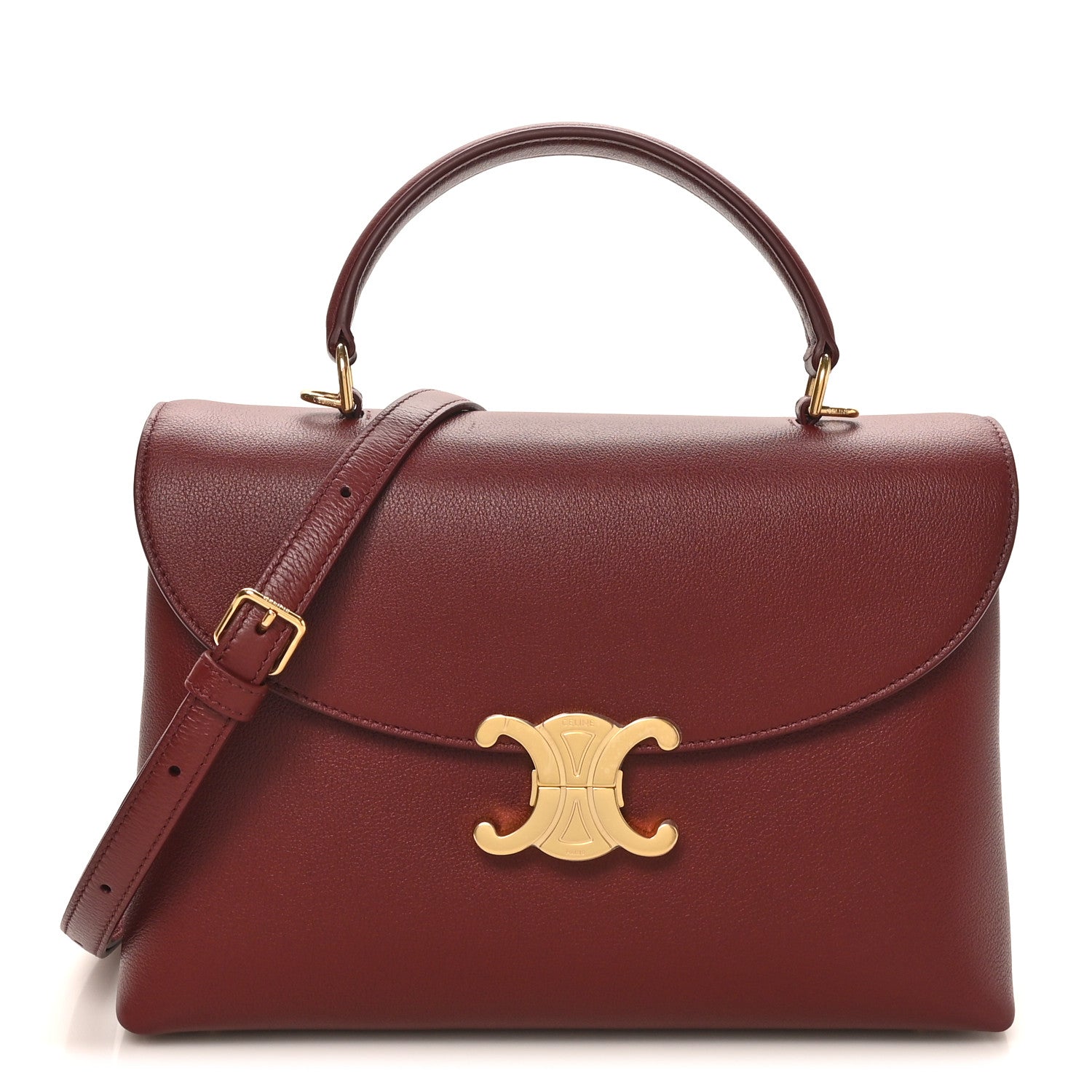 Celine burgundy grained calfskin medium shoulder bag with gold logo clasp