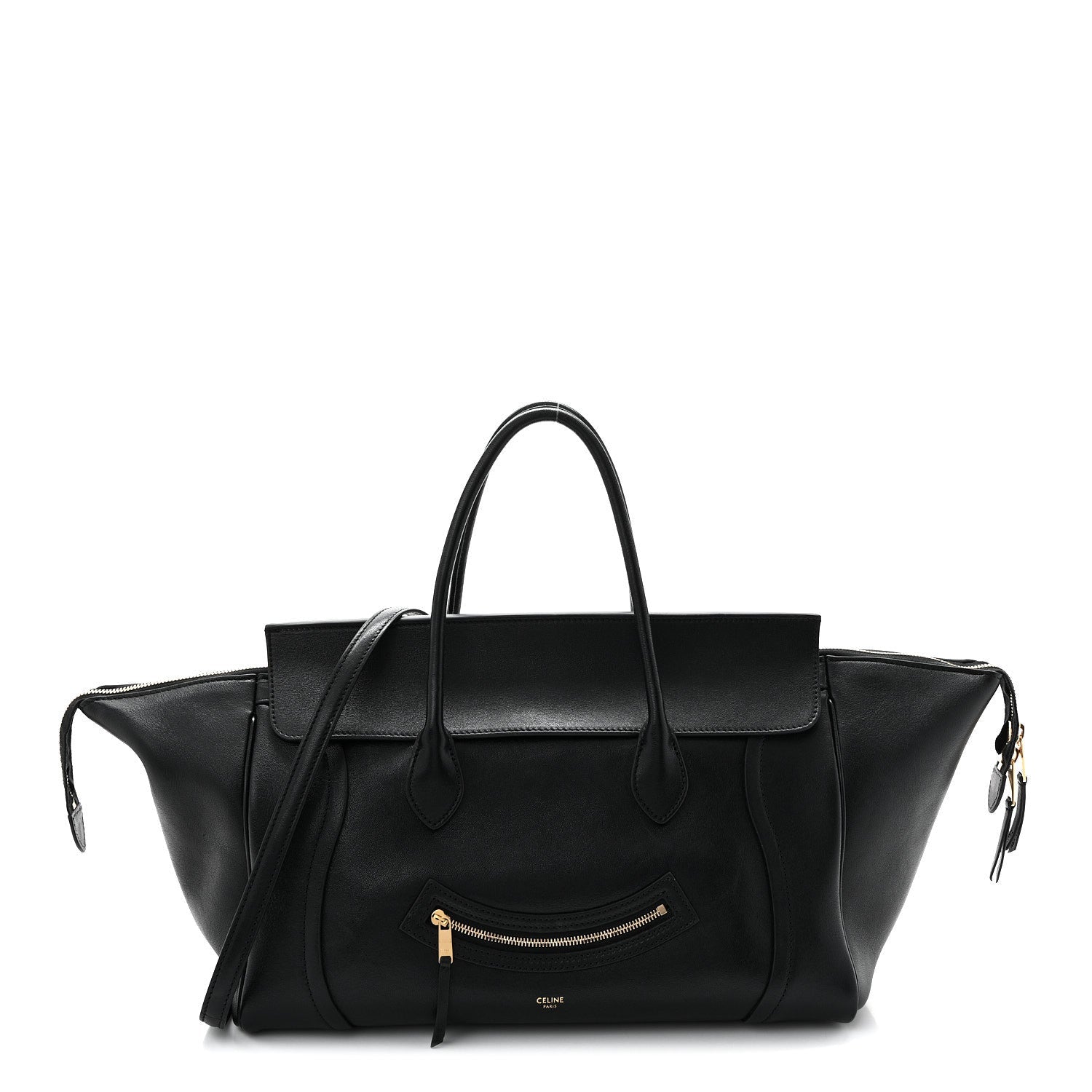 Celine black leather tote bag with top handles and front zipper pocket