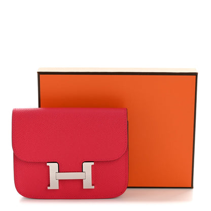 Hermes Constance slim wallet in pink textured leather, front flap with silver H clasp