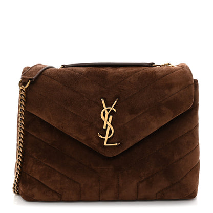 Saint Laurent Suede Calfskin Y Quilted Monogram Small Loulou Chain Satchel Bark Brown