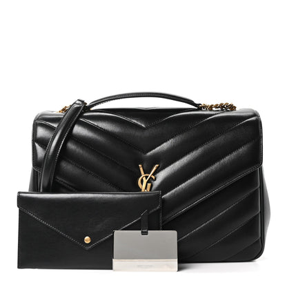 Saint Laurent Lambskin Chevron Quilted Large Loulou Shoulder Bag Black