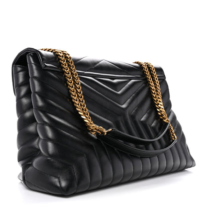 Saint Laurent Calfskin Y Quilted Monogram Large Loulou Chain Satchel Black
