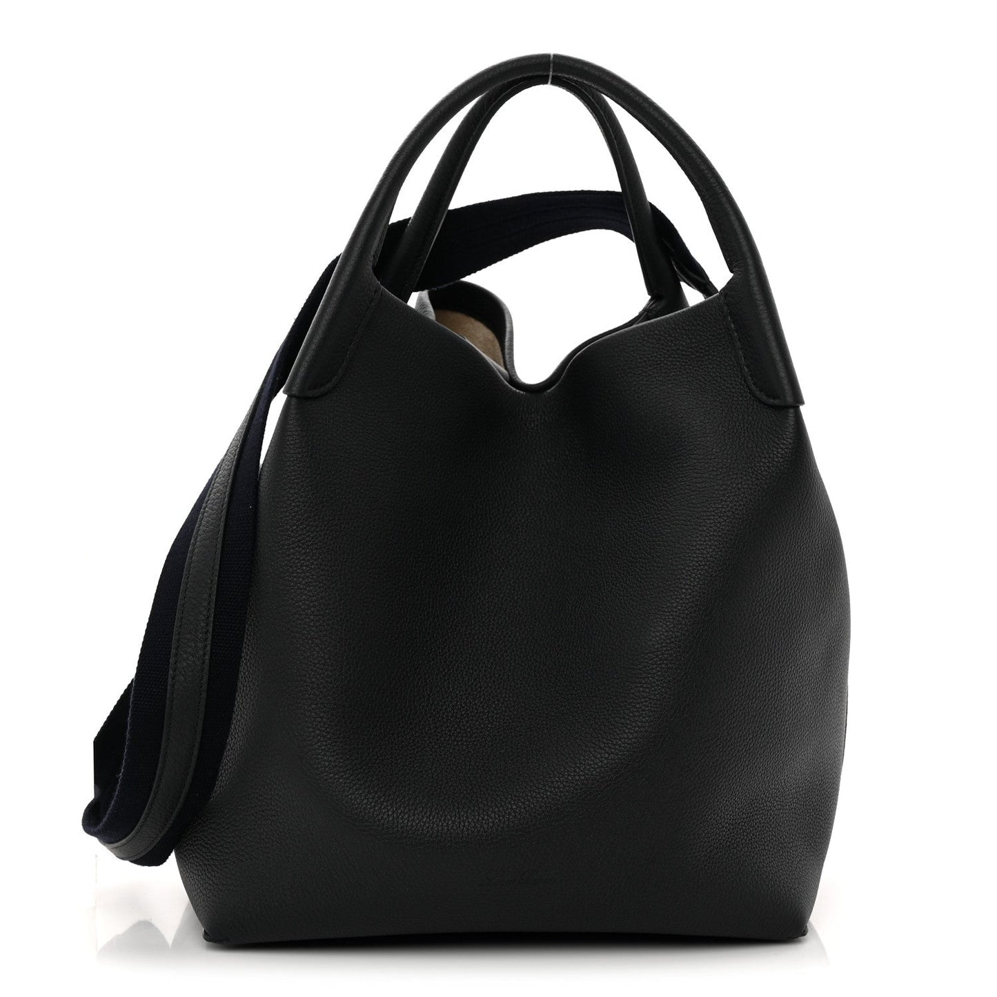 Front view large dark navy tote bag with top handles and curved hobo shape