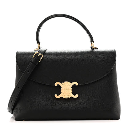 Black leather handbag with top handle, shoulder strap, and gold C logo clasp