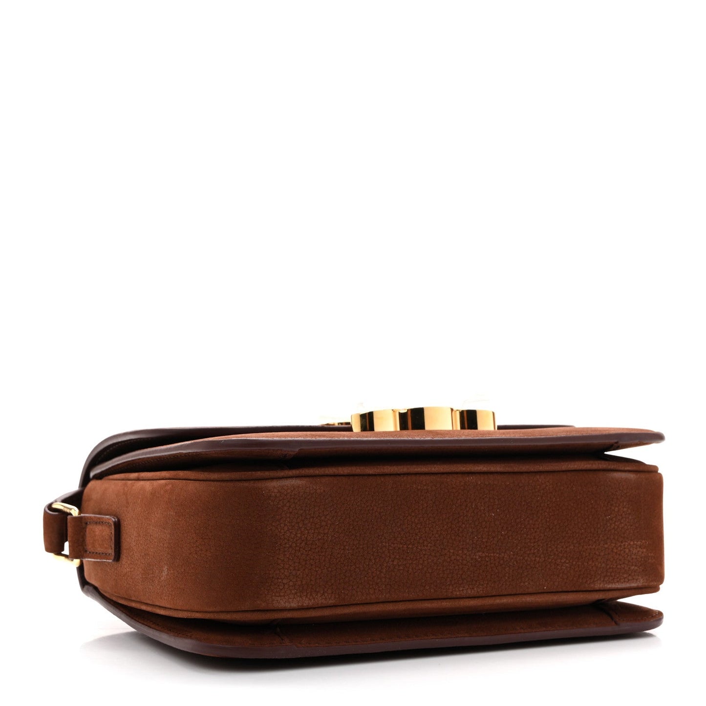 Chestnut leather shoulder bag underside with gold-toned hardware and stitching