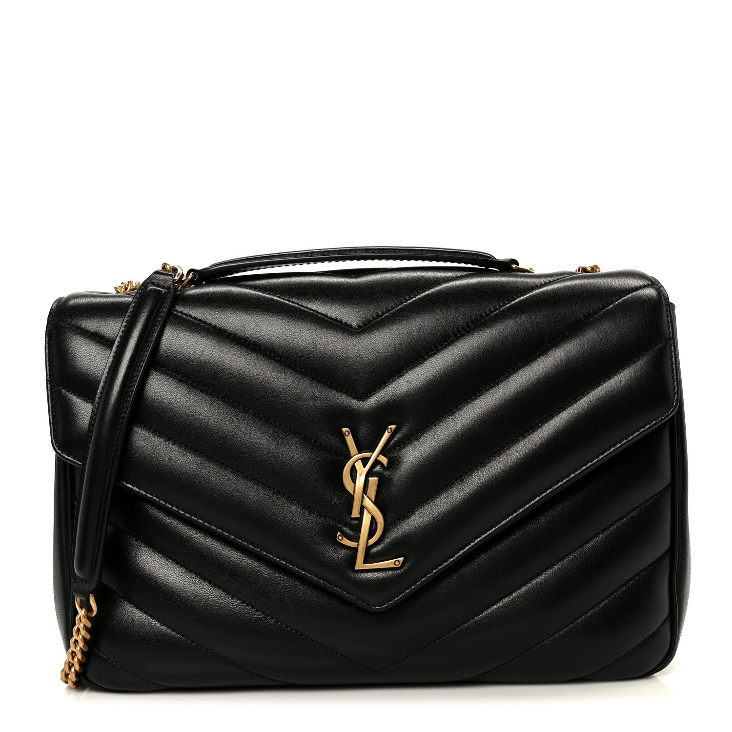 Saint Laurent Lambskin Chevron Quilted Large LouLou Shoulder Bag Black