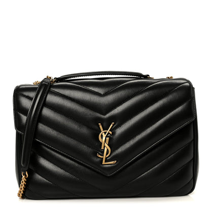 Saint Laurent Lambskin Chevron Quilted Large LouLou Shoulder Bag Black