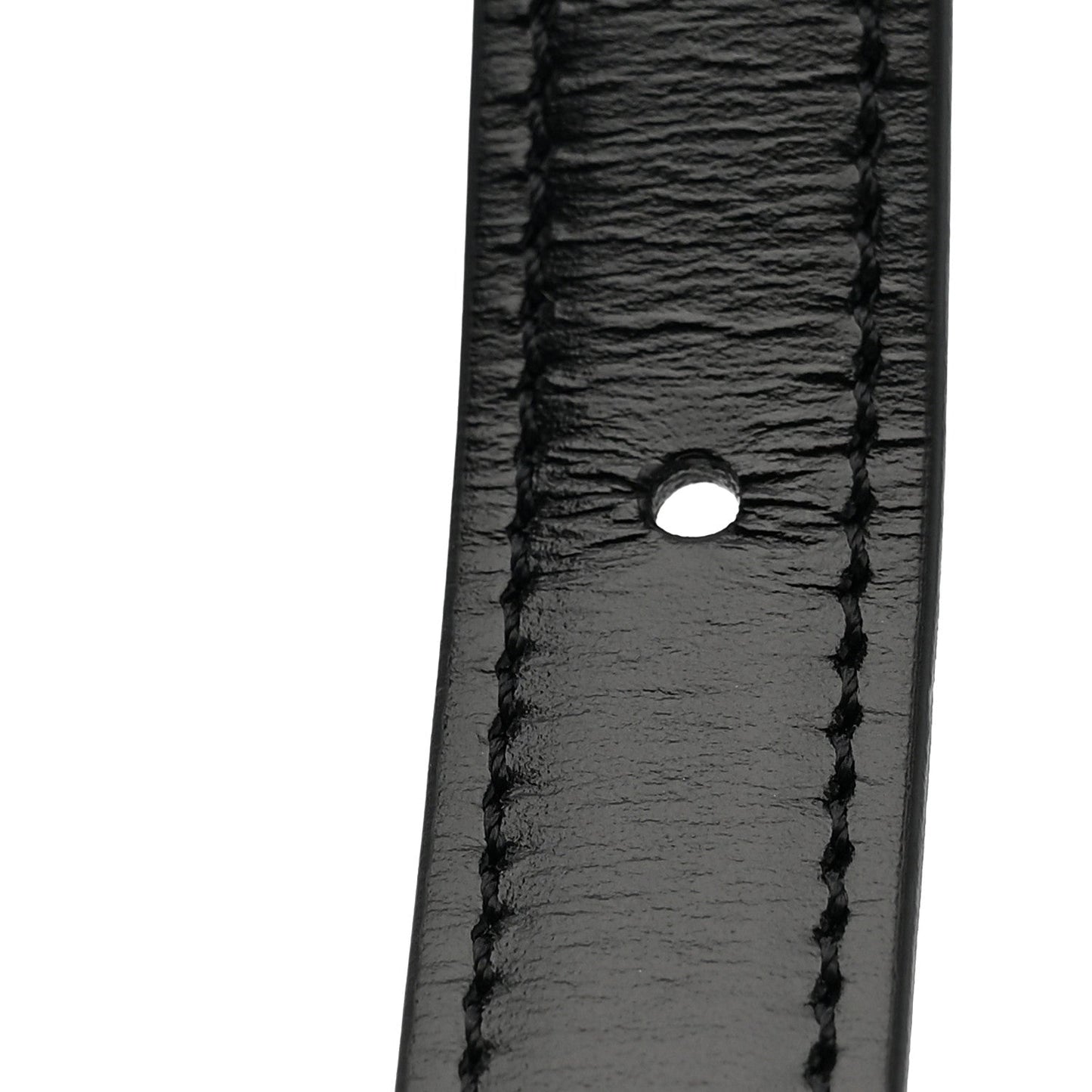 Black shiny calfskin belt strap detail with punched hole and stitched edges