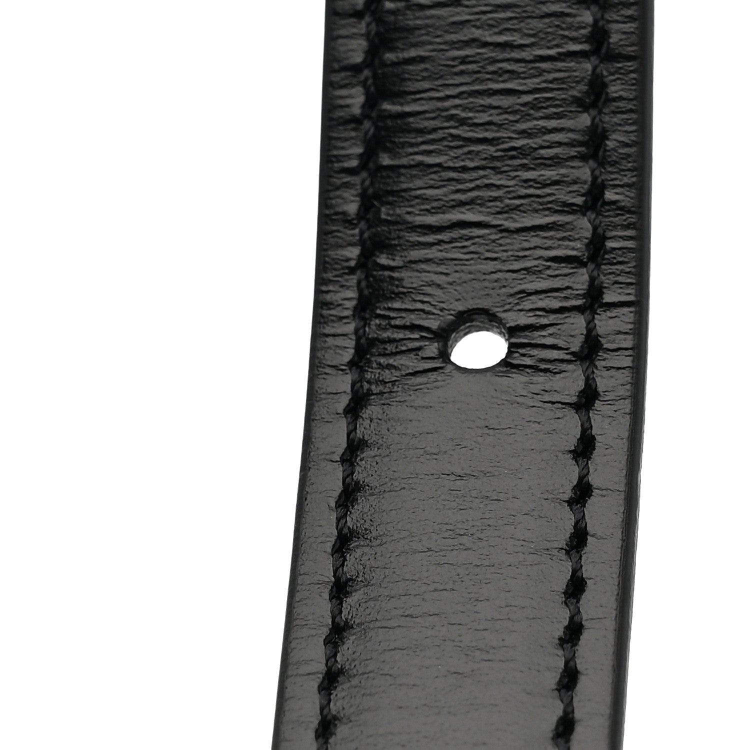 Black shiny calfskin belt strap detail with punched hole and stitched edges