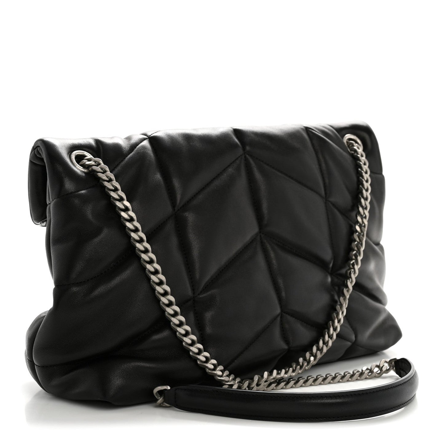 Saint Laurent Lambskin Quilted Medium Loulou Puffer Monogram Chain Satchel Black