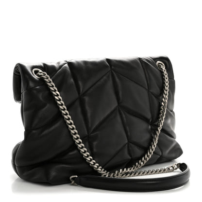 Saint Laurent Lambskin Quilted Medium Loulou Puffer Monogram Chain Satchel Black